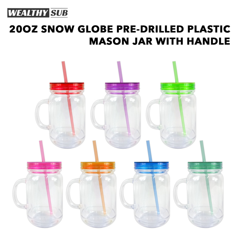 Wealthysub China warehouse 20oz double wall snow globe pre-drilled plastic mason jar with handle
